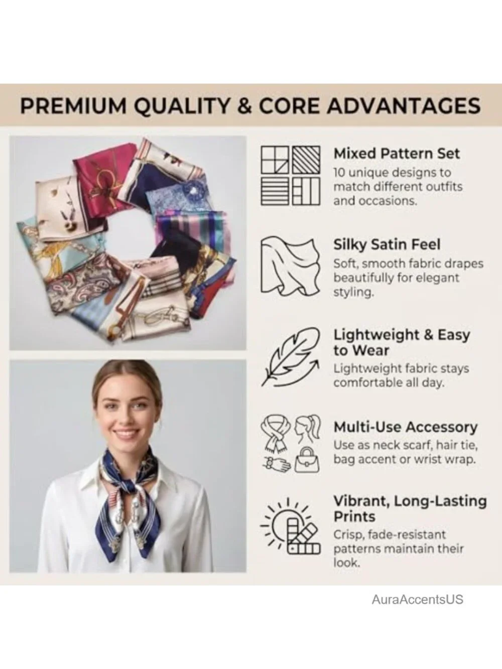 10-Piece Square Scarf Set - Polyester Blend Fashion Scarf